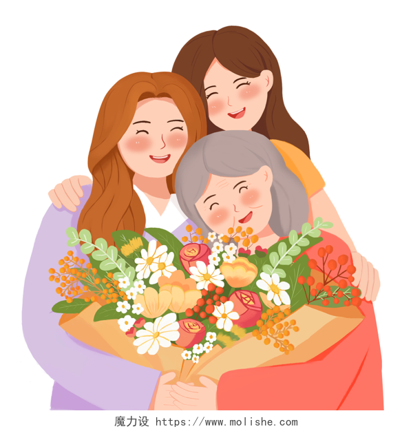 扁平女性拥抱妈妈姥姥女儿鲜花妇女节插画38女生女神妇女节